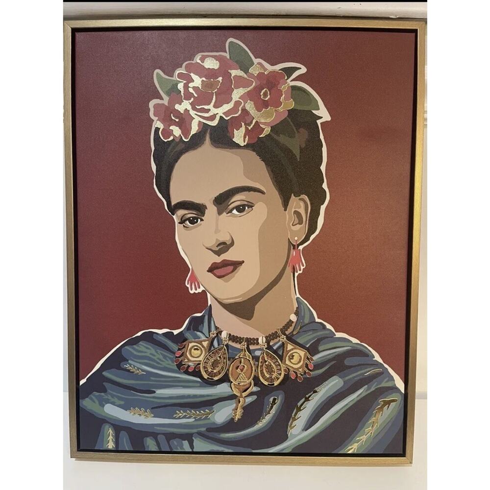 Beautiful Frida Kahlo Framed Wall Art Painted Canvas Gold Frame Mexican Pop Art!